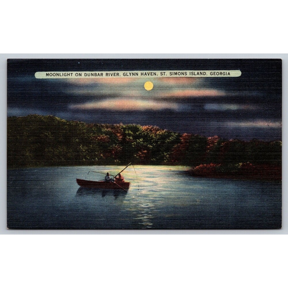 Postcard Georgia St. Simons Island Glynn Haven Moonlight on Dunbar River Boat GA
